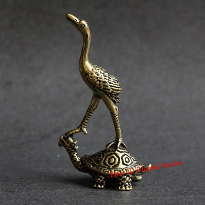 Solid Brass Turtle & Crane Figurine Miniature Vintage Turtle Tea Pet Ornament