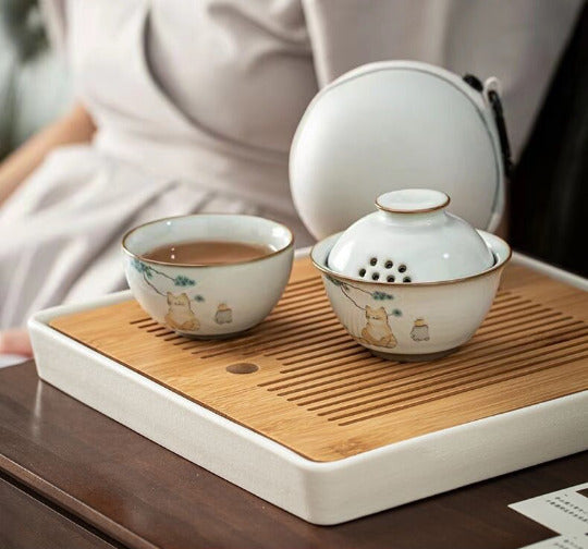 Lovely Cat Portable Travel Tea Set with Travel Case