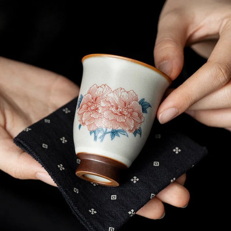 80ml Chinese Ru Kiln Porcelain Hibiscus Flower Tea Cup Meditation Cup Pu 'er Cup