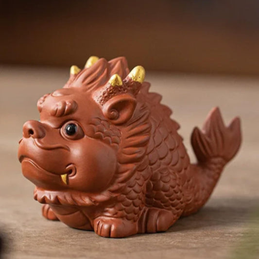 Purple Sand Dragon Koi Fish Statue Tea Pet 10.4cm 4.1in Luck Tea Tray Ornament