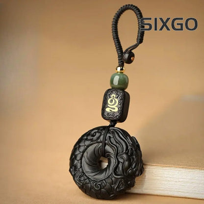 1Pc Natural Ebony Keychain Pendant Xiang Long Ping An Buckle Jewelry Hanging