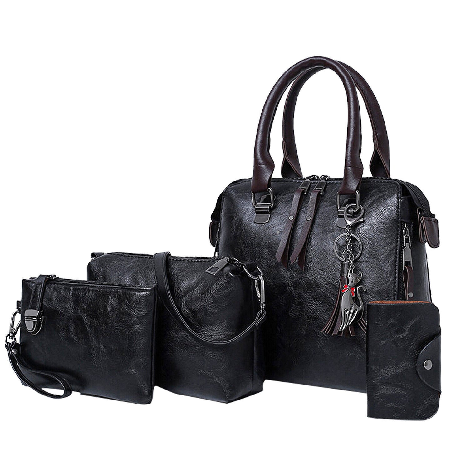 4pcs Vintage Women Handbag PU Leather Tote Messenger Bag Wallet Clutch w/ Tassel