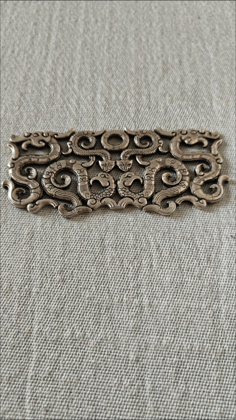 Retro White Copper Silver Plated Hollow Double Dragon Pendant Carved Decor