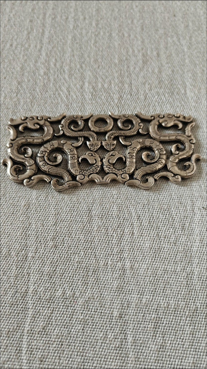 Retro White Copper Silver Plated Hollow Double Dragon Pendant Carved Decor