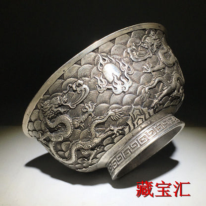 Chinese Collection copper dragon statue figure bowl table decoration Art
