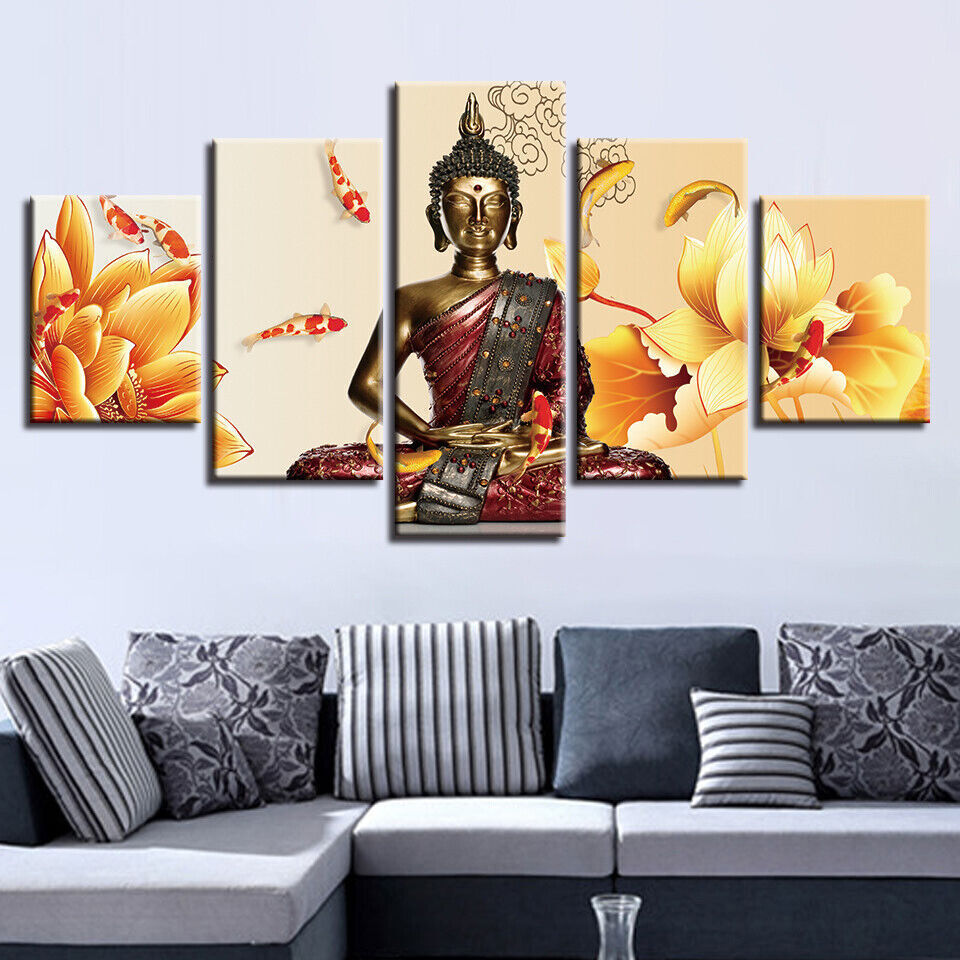 Buddha Meditation Statue Lotus Koi Fish Canvas Prints Painting Wall Art Decor 5P