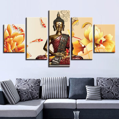 Buddha Meditation Statue Lotus Koi Fish Canvas Prints Painting Wall Art Decor 5P
