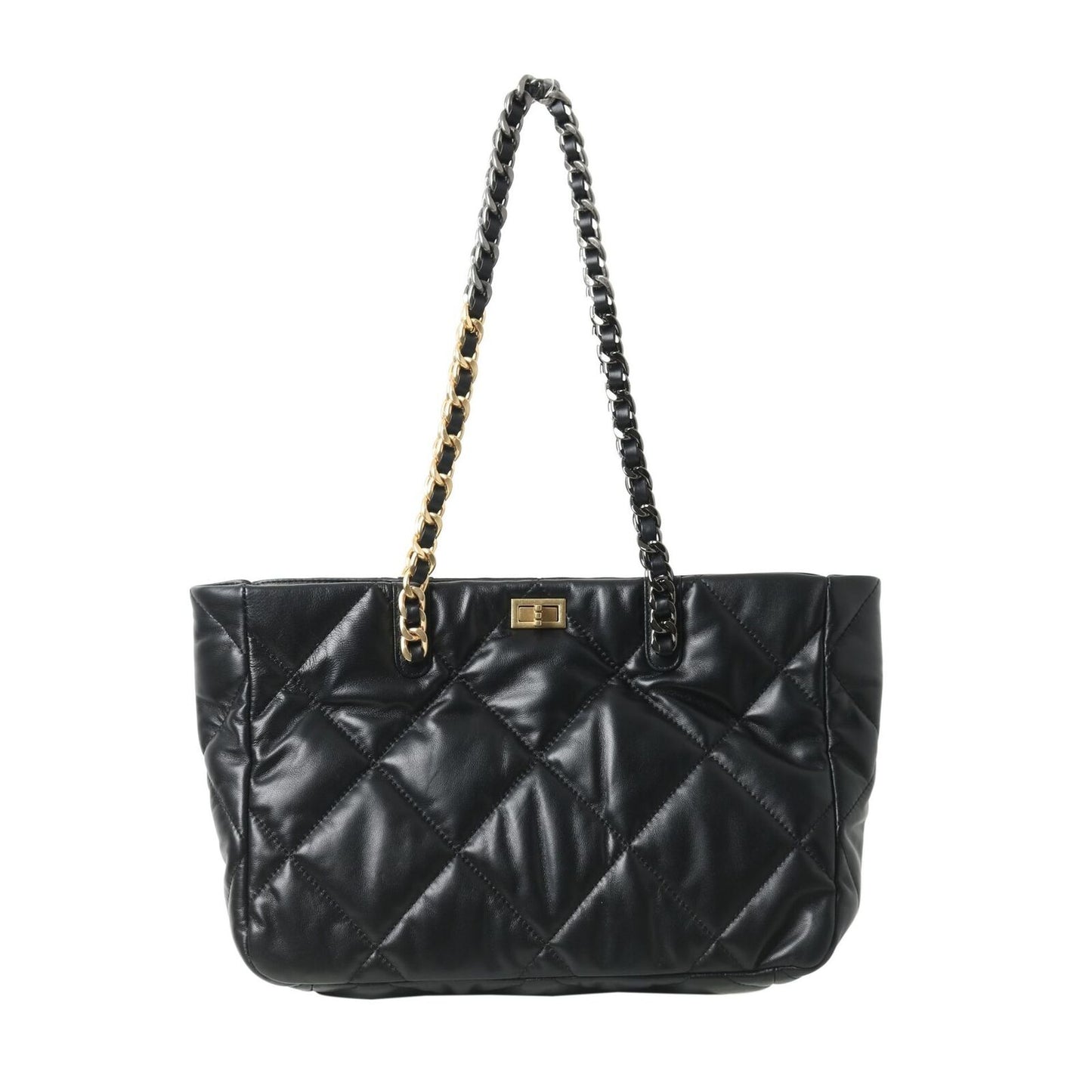 Quilted Lambskin Leather Black Tote w/ Chains Shoulder Bag Purse Handbag Fashion