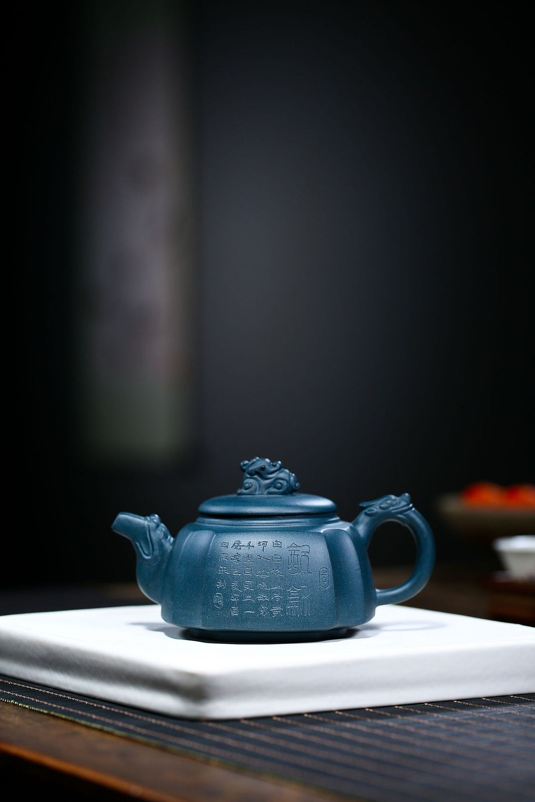 6"China Yixing Zisha Pottery Celeste Clay 200ML Four Sides Dragon Kung Fu Teapot