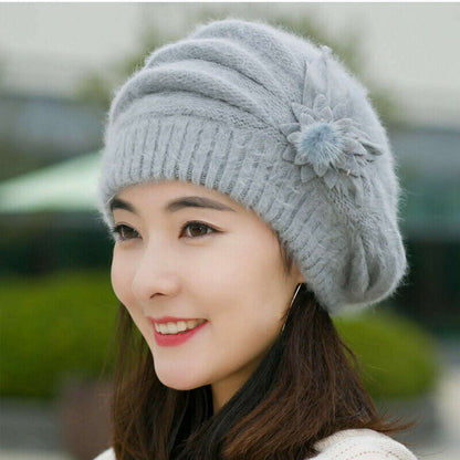 Women Winter Warm Baggy Beanie Beret Knit Flower Crochet Hat Casual Cap Gifts