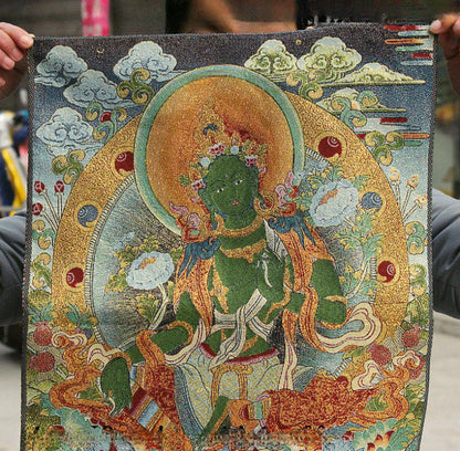 China Buddhism Cloth Silk Green Tara Enlightenment Goddess Thangka Thanka Mural