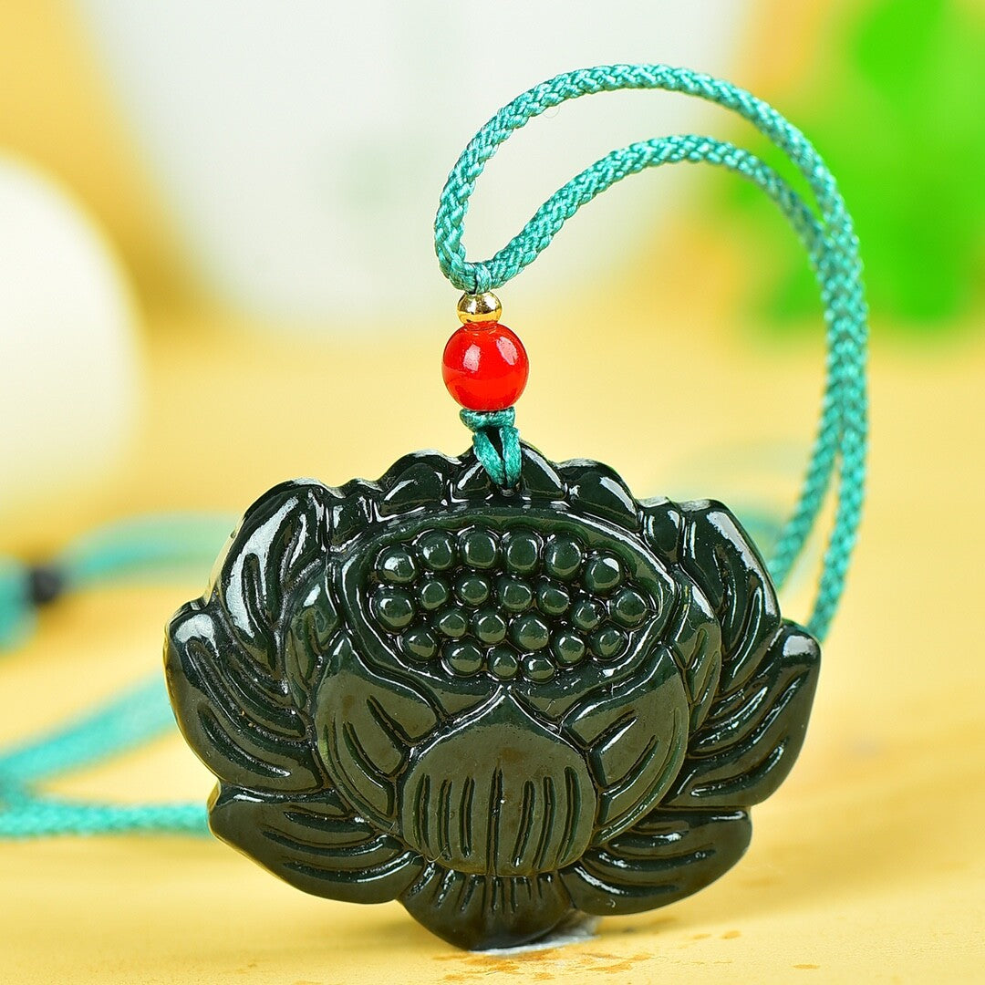 Jade Hand Carving Lucky Pretty Lotus Flower Pendant