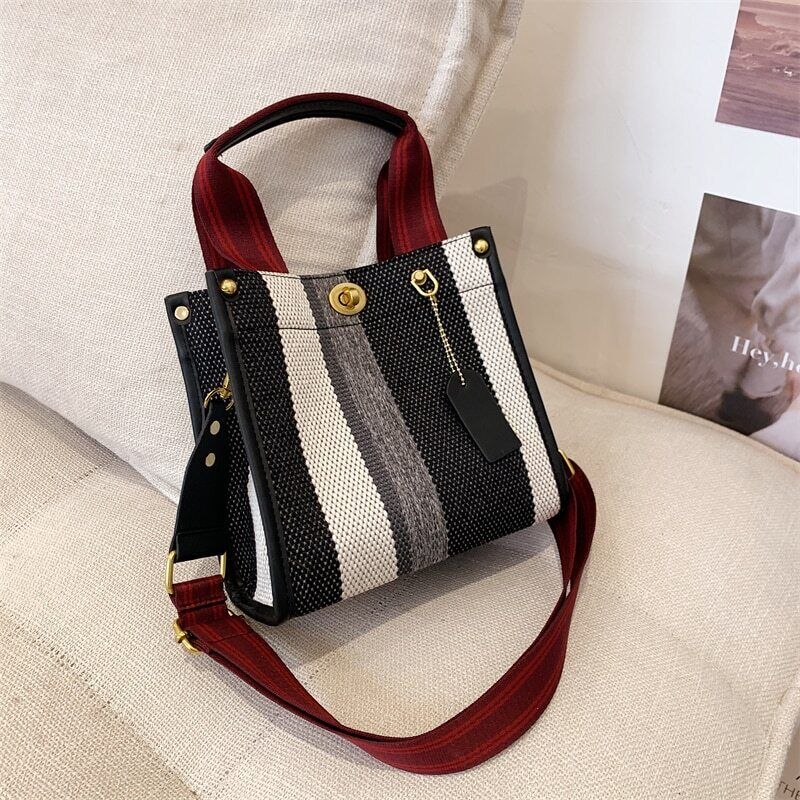 Canvas Tote Bag Women Handbag Stripe Shoulder Bags Big Shopper Totes