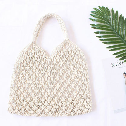 Summer Woven Beach Bag Handmade Hollow Out Straw Bag Tote Cotton Rope Crochet