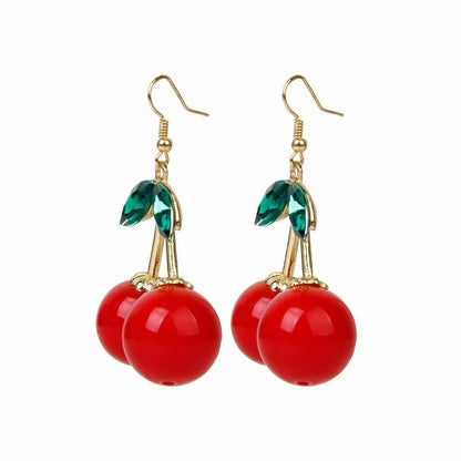 1 Pair Women Cherry Earrings Drop and Dangle with Sparkling Green Rhinestones