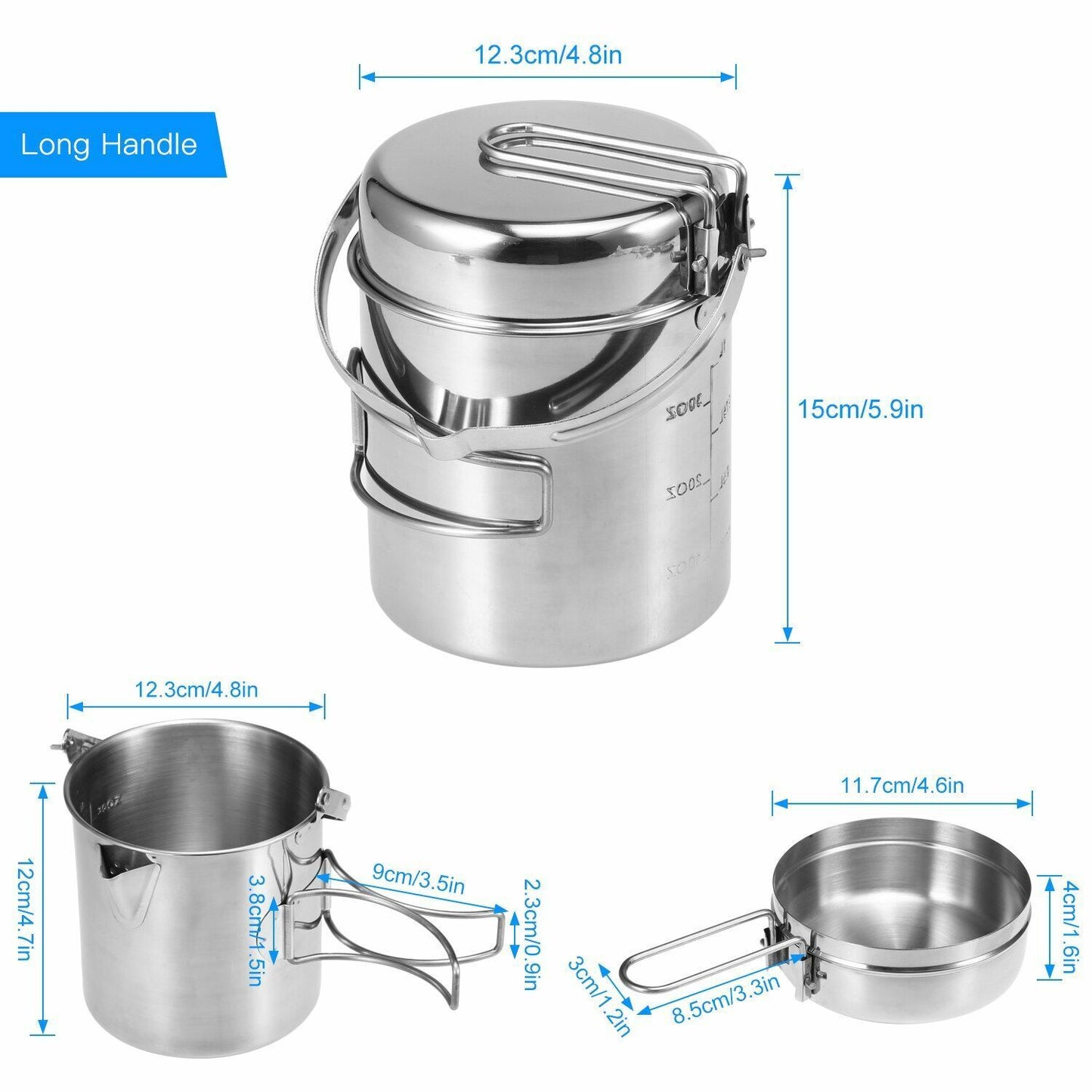 1L/1.2L Pot Set Camping Stainless Steel Cooking Kettle Portable Outdoor Picnic