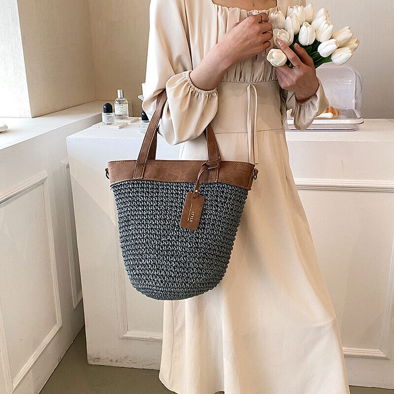 Women Zipper Weave Bag Travel Beach Bags Handmade Lady Crossbody Bag Handle