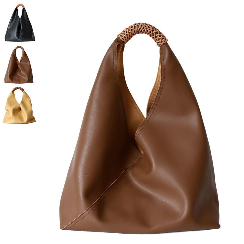 Raw Edge Leather Triangle Tote Hobo Shopper Shoulder Bag Sack Braided Handle