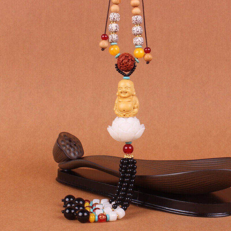 Boxwood Carved Lotus Buddha Guanyin Car Pendant Figurines Hanging Decor
