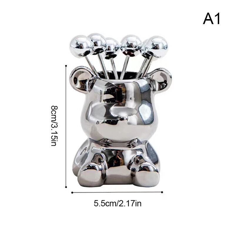 Dessert Forks 6Pcs Stainless Steel Fruit Pick W/ Storage Jar Bear Party Utensils