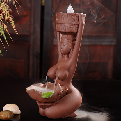 8.6" Incense Burner Beauty Statue Creative Table Decoration Fun Zisha Tea Pet