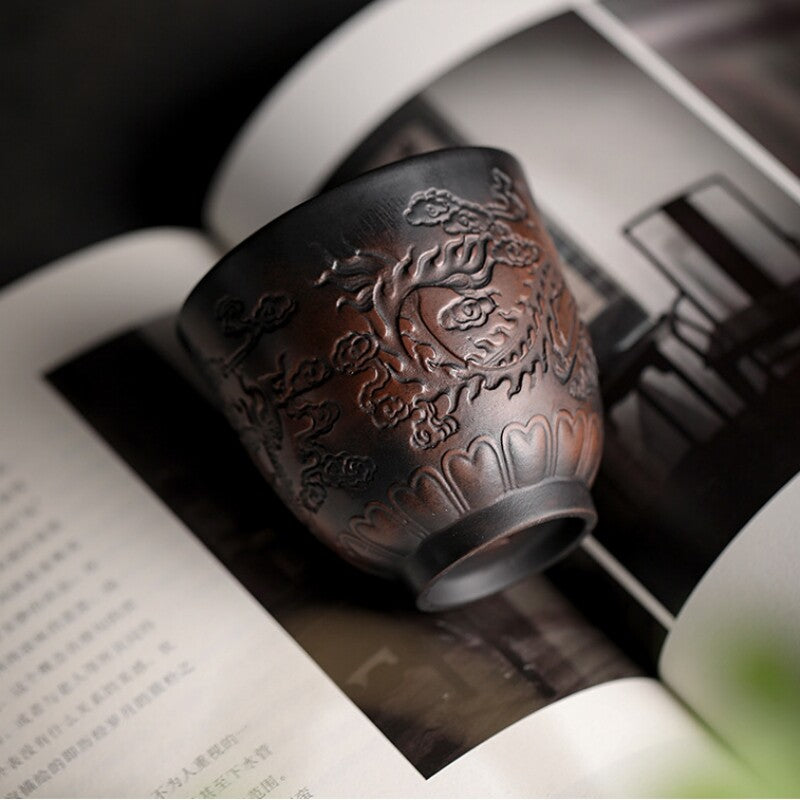 handmade tea cup yixing zisha purple pottery kungfu tea cup dragon pheonix carve