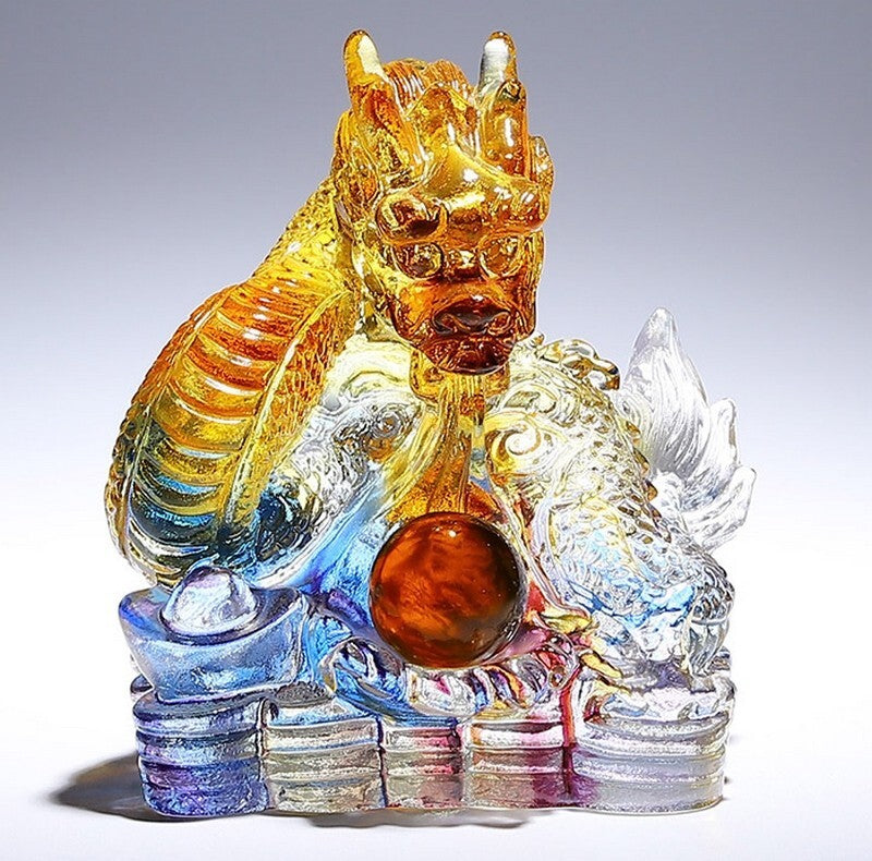 Chinese Liu Li Crystal Dragon Statue Office Feng Shui Home Decor