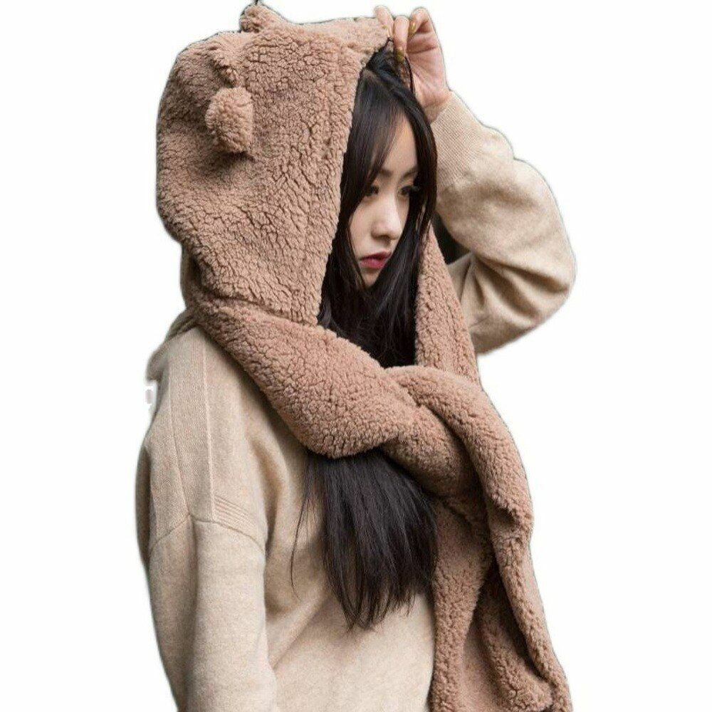 Cute Bear Ears Hat Scarf Gloves Set Balaclava Winter Bandana Velvet Fleece 225CM