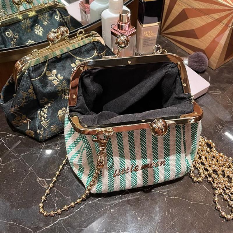 Retro Shoulder Messenger Bag Clutch Striped Gold Bag Luxury Little Handbag Green