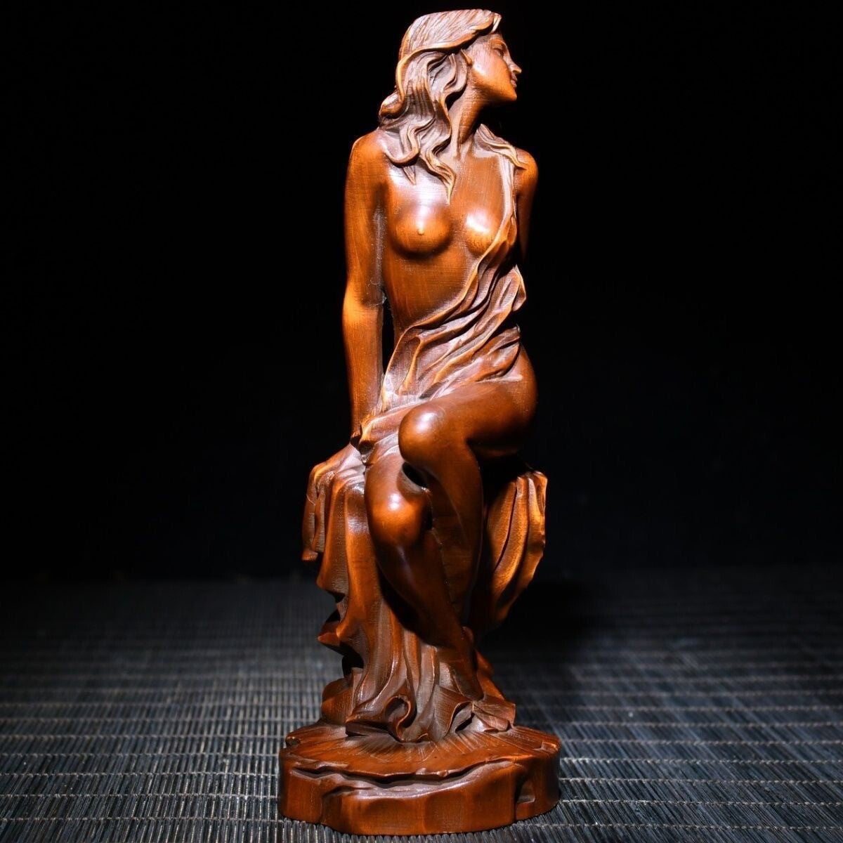 Chinese Boxwood Wood Carving Sexy Beautiful Woman Statue Wooden Sculpture Decor