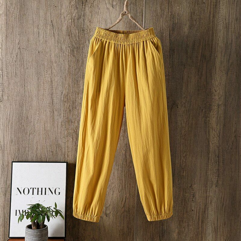Pants Women Casual Cotton Linen Elastic Waist Solid Basic Retro Loose Trousers