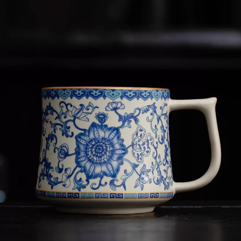 Ceramic Tea Cup With Handle Lid Blue-and-white Porcelain Office Mug Ruyao Craft