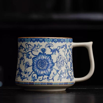 Ceramic Tea Cup With Handle Lid Blue-and-white Porcelain Office Mug Ruyao Craft