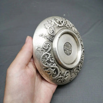 Chinese silver engraving favors "Ssangyong" plate metal crafts decoration -