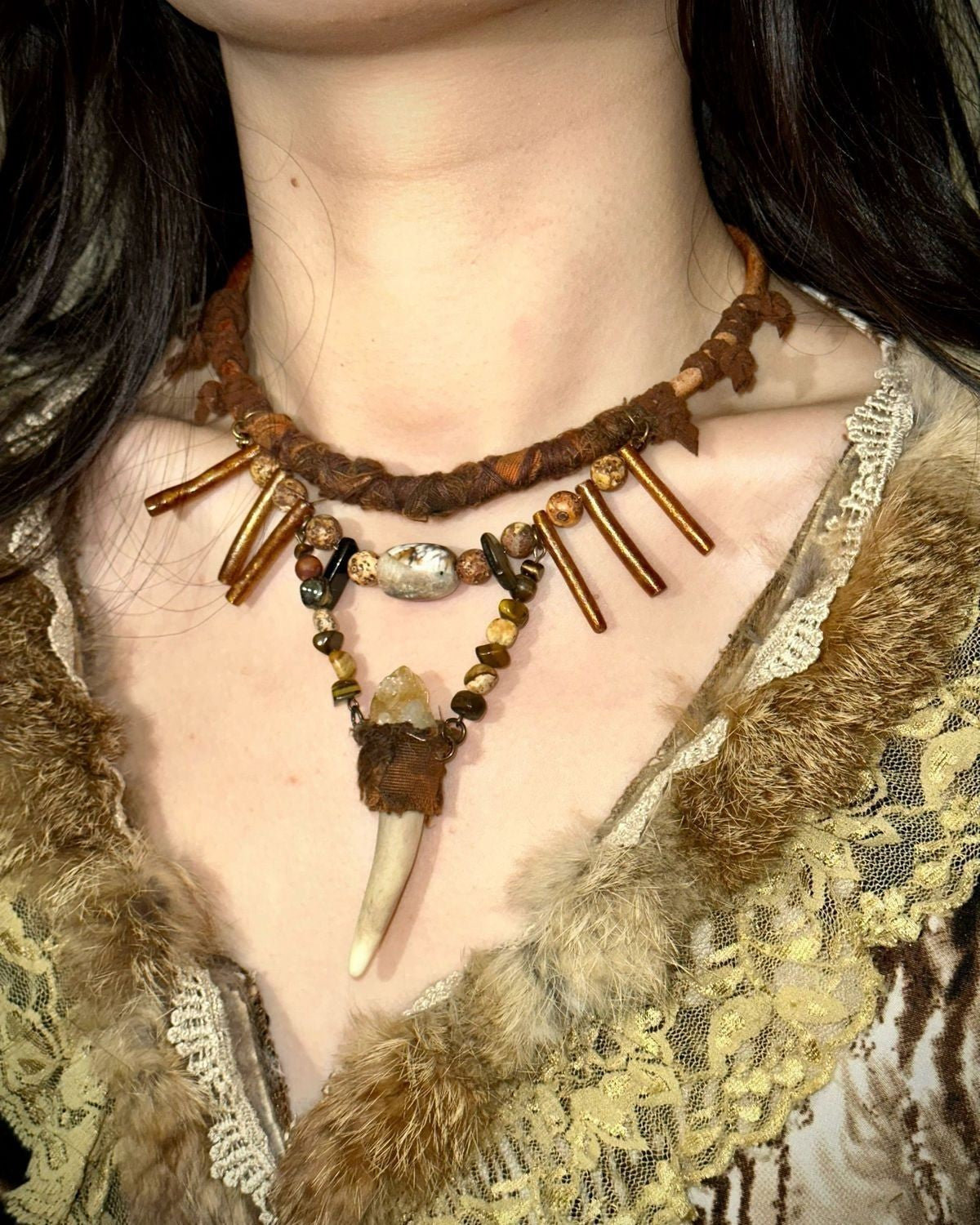 Wasteland Tribal Style Fang & Crystal Pendant Boho Necklace