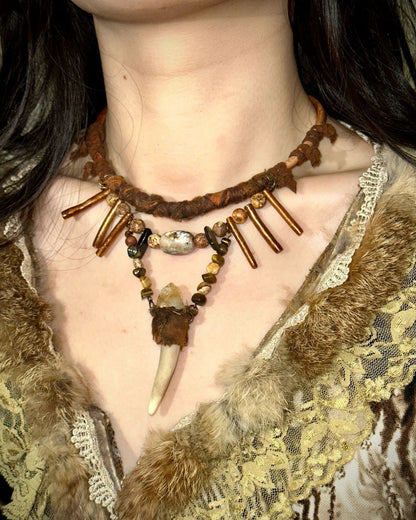 Wasteland Tribal Style Fang & Crystal Pendant Boho Necklace