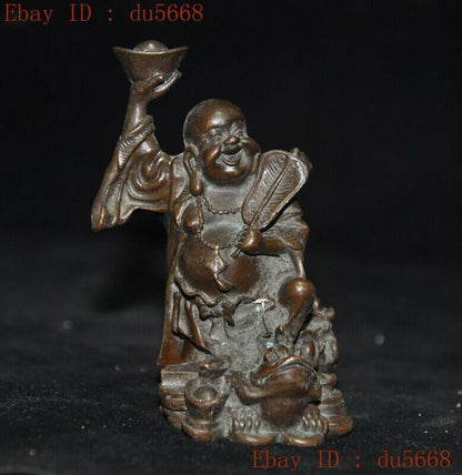 3"Chinese Buddhism Temple Bronze Wealth Gold Toad Yuanbao Maitreya Buddha Statue