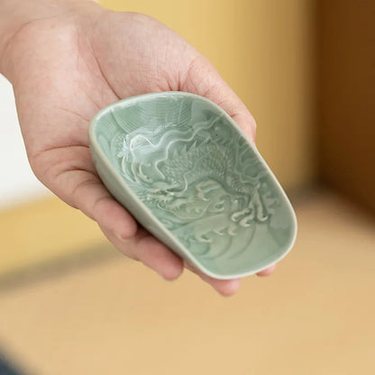 9.6cm Chinese Ceramic Handcarved Dragon Tea Spoon Auspicious Clouds Tea Shovel