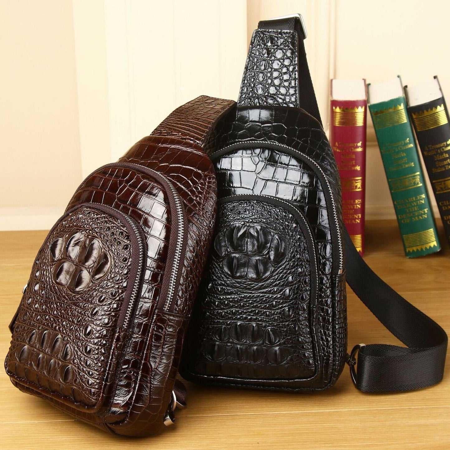 Cow Leather Sling Backpack Designer Crocodile Chest Crossbody Bag Hiking Daypack