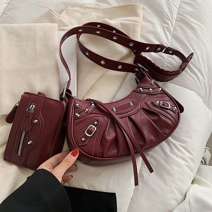 Half Moon Shape Leather Armpit Crossbody Bag Punk Style Vintage Handbag 2Pcs/set