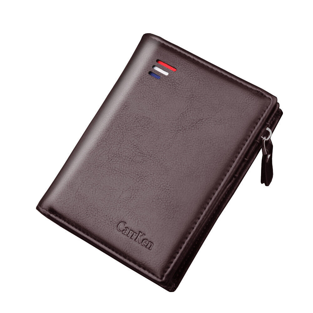 CarrKen Men's Leather Bifold Wallet Slim Business ID Card Pocket Holder Zipper
