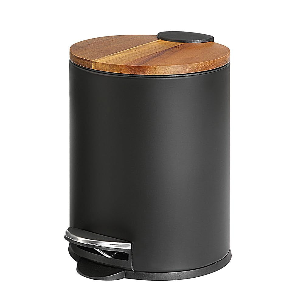 Round Trash Can Acacia Cover with Plastic Inner Bucket for Home and Office