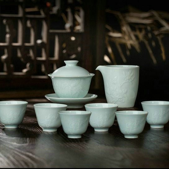 Boutique Tea Set Ceramic Gaiwan Floral Relief Porcelain Tea Cup Pitcher Orchid