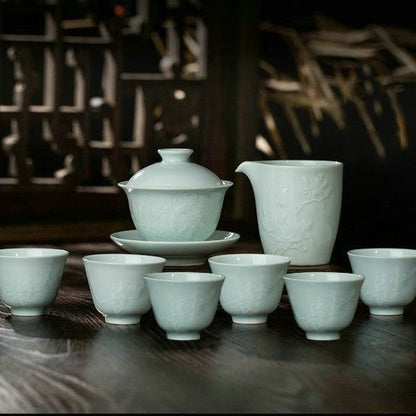 Boutique Tea Set Ceramic Gaiwan Floral Relief Porcelain Tea Cup Pitcher Orchid