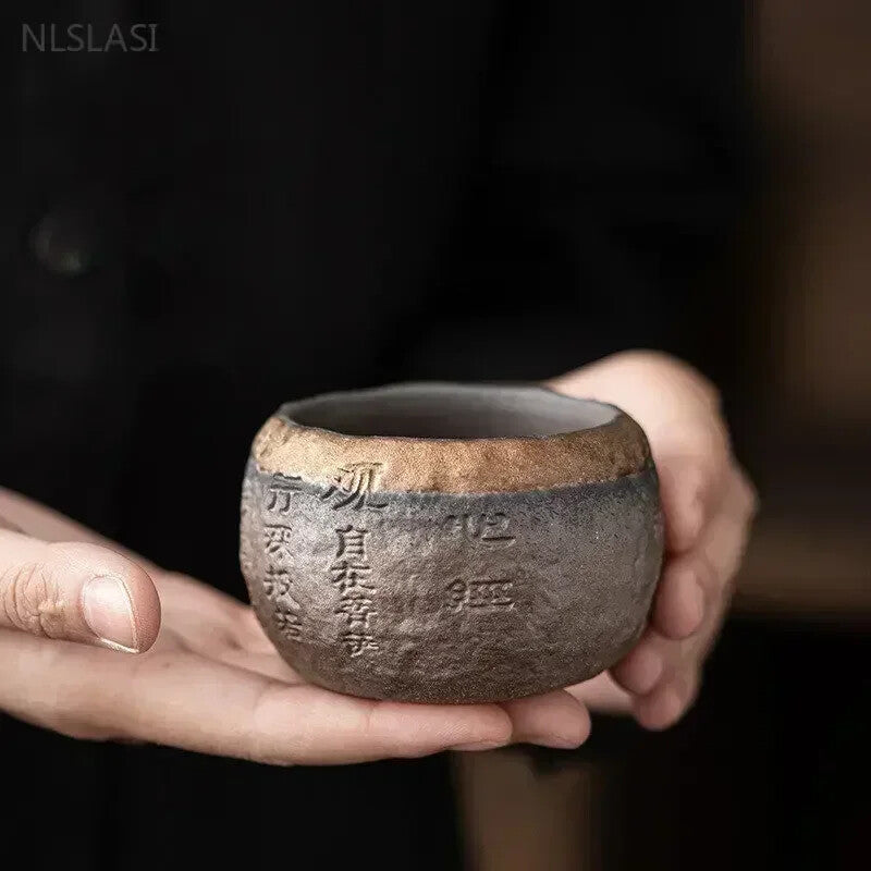 120ml Rough Pottery Handmade Relief Heart Sutra Zen Cup Ceramic Master Tea Cup