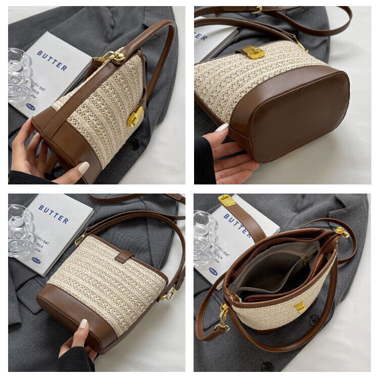 Straw Woven Bucket Shoulder Bags PU Leather Summer Fashion Designer BeachHandbag
