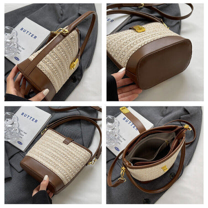 Straw Woven Bucket Shoulder Bags PU Leather Summer Fashion Designer BeachHandbag
