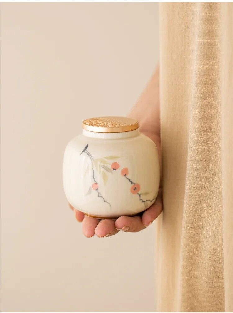 Hand Drawn Bamboo Persimmon Tea Jar Zen Ceramic Sealed Tea Can Storage Tank