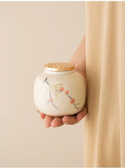 Hand Drawn Bamboo Persimmon Tea Jar Zen Ceramic Sealed Tea Can Storage Tank
