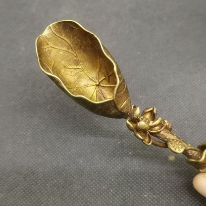 Vintage Brass Tea Spoon Lotus Leaf Flower Carved Tea Ceremony Scoop